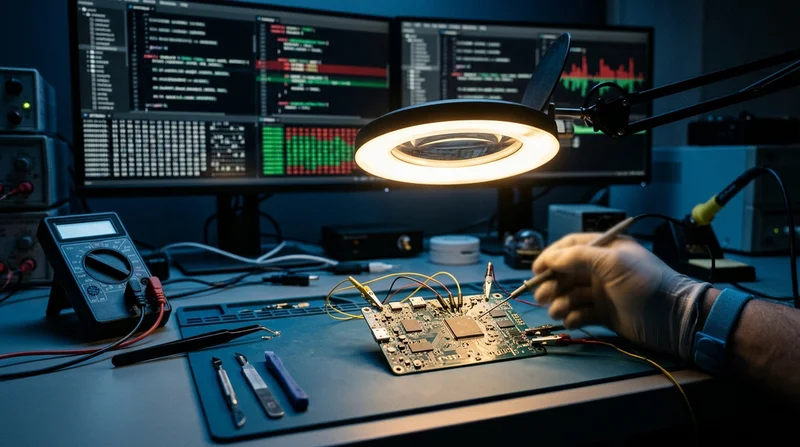 A cybersecurity researcher workstation displaying code diff inspection screens next to a disassembled hardware circuit board under a magnifying lamp
