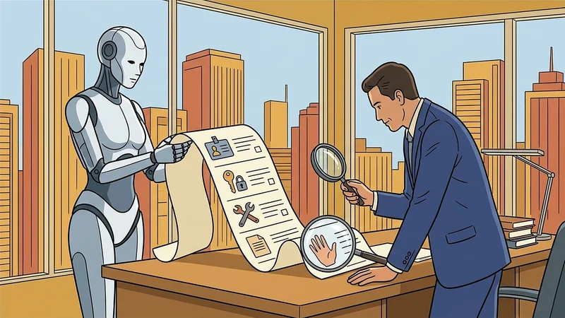Editorial illustration of an AI agent handing a five-part verification receipt scroll across a desk to a manager holding a magnifying glass.