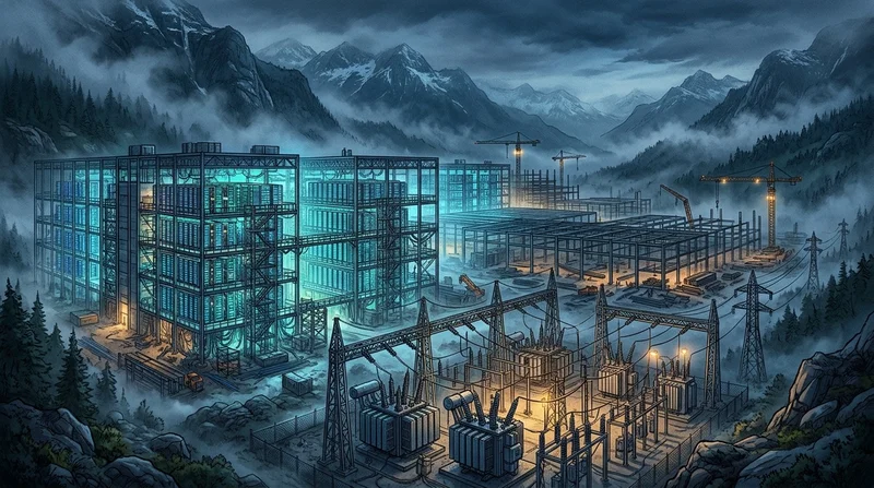 Hyperscale AI GPU data center and power substation in a mountain valley