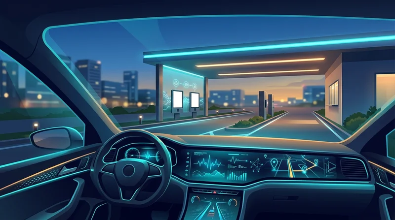Digital drive-thru AI menu canopy and connected vehicle telemetry display at dusk