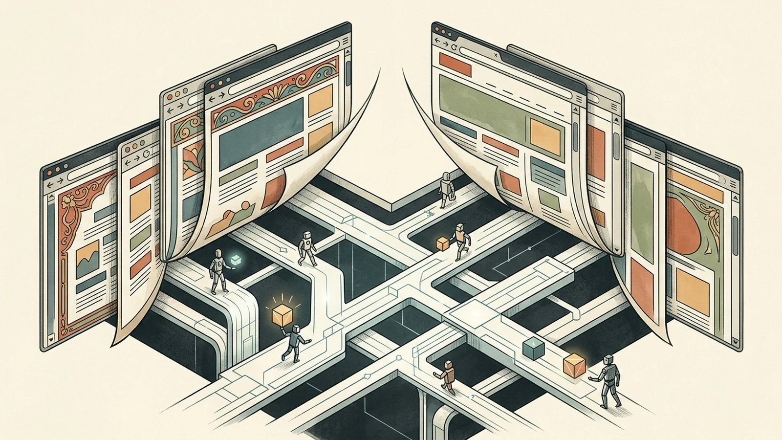 An editorial illustration depicting web browser facades peeling back to reveal autonomous agent data conduits, representing the concept of zero-page web architecture
